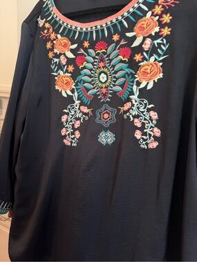 John Mark Black Tunic with Multicolor Floral Embroidery Panel